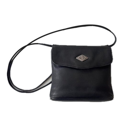 Fossil Vintage Leather Crossbody Bag Classic Black w Silver Snap Flap Pockets - Picture 1 of 8